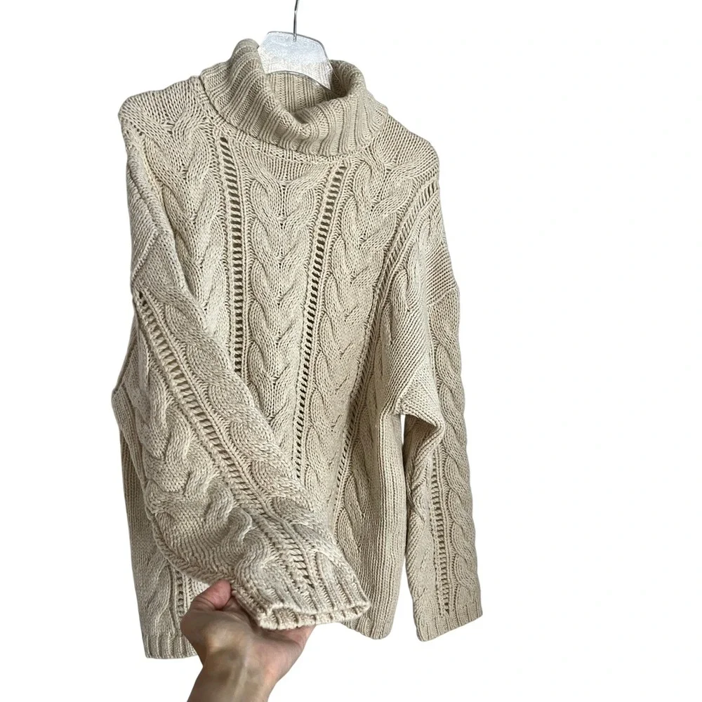 NAADAM Mens Wool Cashmere Cable Knit Fisherman Turtleneck Sweater Oatmeal Large